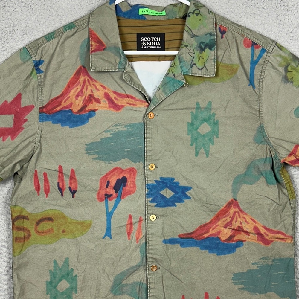 Scotch Soda Shirt Mens Large Olive Green Volcano Graphic Print Sleeve Button Up